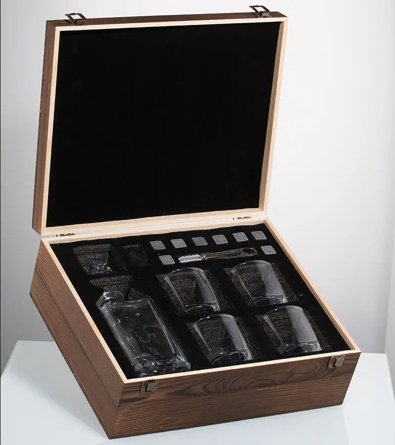 Custom Square Whiskey Glass Kit Set Bottle Whiskey Decanter with Wood Box