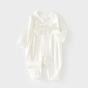 Spring Fall Baby Girls' Casual Solid Pattern Modal Jumpsuit Boneless Robe Bow Tie Baby Rompers