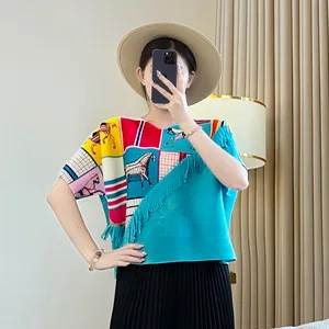 Miyake Women's Short Sleeve Top Spring Summer New Neck Loose Slim Printing Tassel Design Pleated T-Shirt Factory Wholesale
