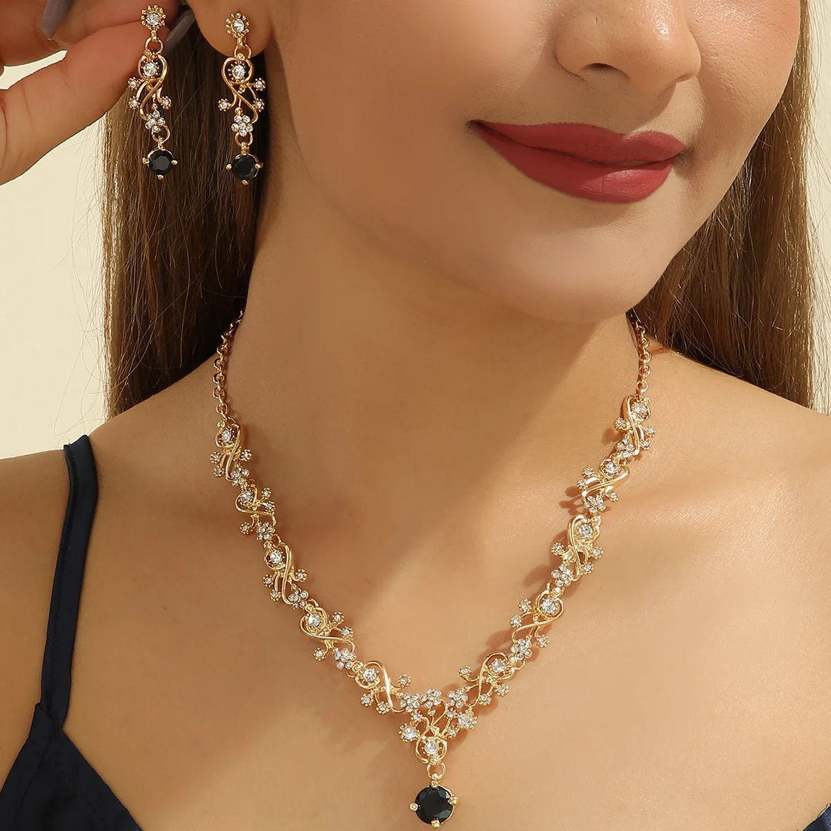 DAIHE Set-3980 Black Pendant 18k Gold-plated Jewelry Two-piece Set Custom Luxury Factory Zircon Women Party Zircon Jewelry