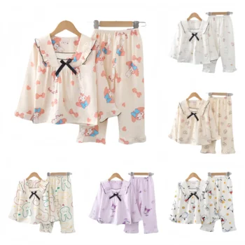 Wholesale Pajamas for Children Kids Sleepwear Set Bubble Cotton Cartoon Printed 2 Pieces Girls Long Sleeve Girls Pajamas