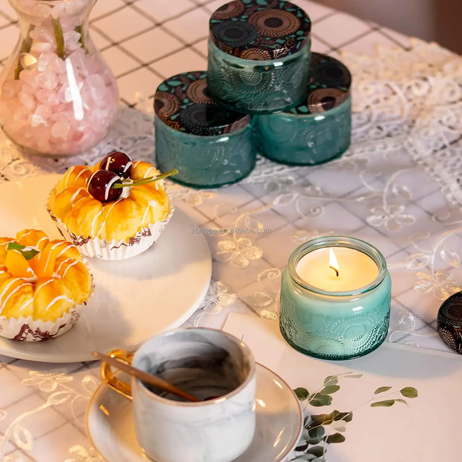 Blue Glass Candle Jar Round Container With Lid For Party Home