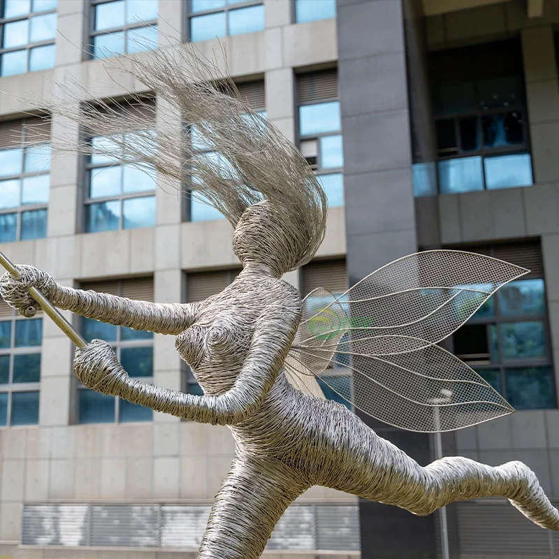Modern Outdoor Garden Decorative Abstract Fairy Dandelion Statue Large Stainless Steel Sculpture Polished Metal Wire Design