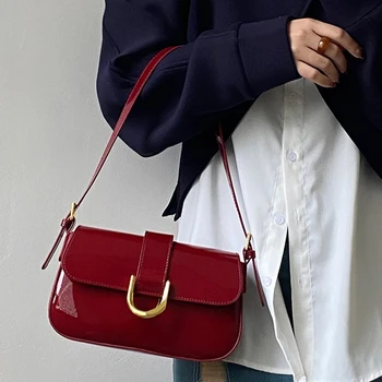 Retro Patent Leather Shoulder Bag Luxury Flap Solid Color Underarm Bag Red Crossbody Bags Lady Handbag For Women
