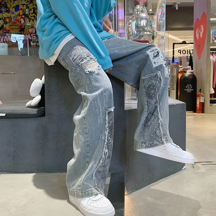 Pantalones Vaqueros De Pierna Ancha Para Hombre,Vaqueros Informales,Holgados,A  La Moda - Buy De Moda De Los Hombres De Los Pantalones Vaqueros,Patchwork Pantalones  Vaqueros Pantalones,Azul Denim Jeans Para Hombres Product on Alibaba.com