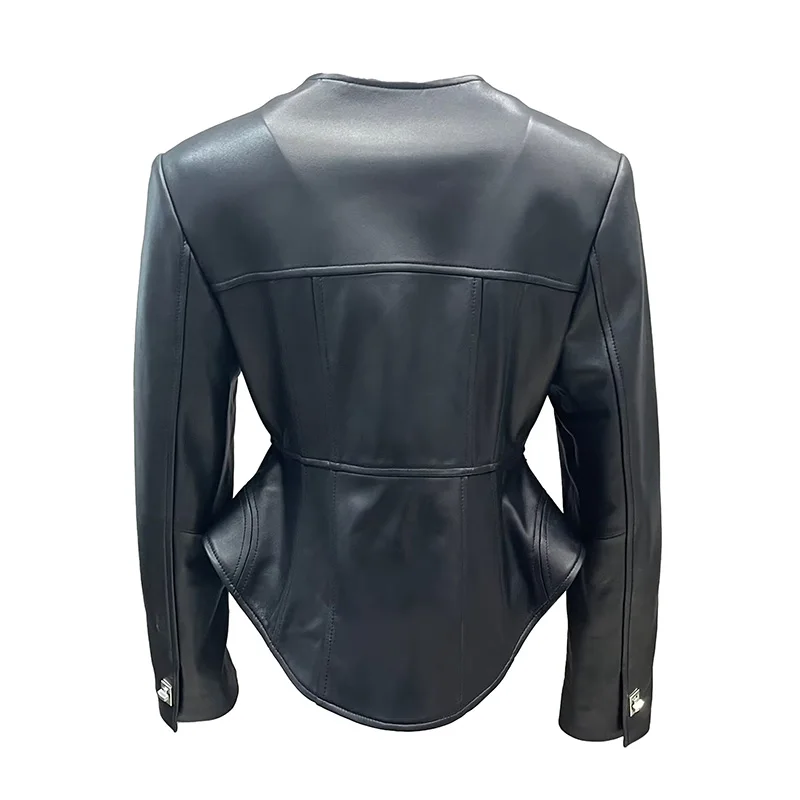 Wholesale Black Leather Coat Genuine Lamb Skin Leather Jacket for Ladies