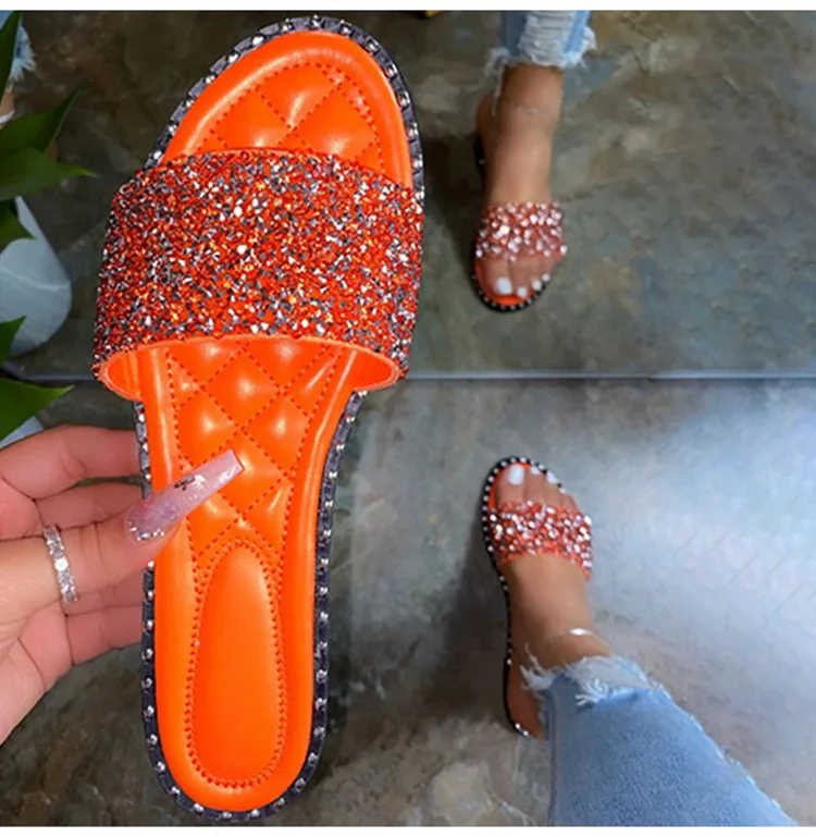 2022 New Arrival Fashion Crystal Flat Glitter Slides Slippers For Women ...