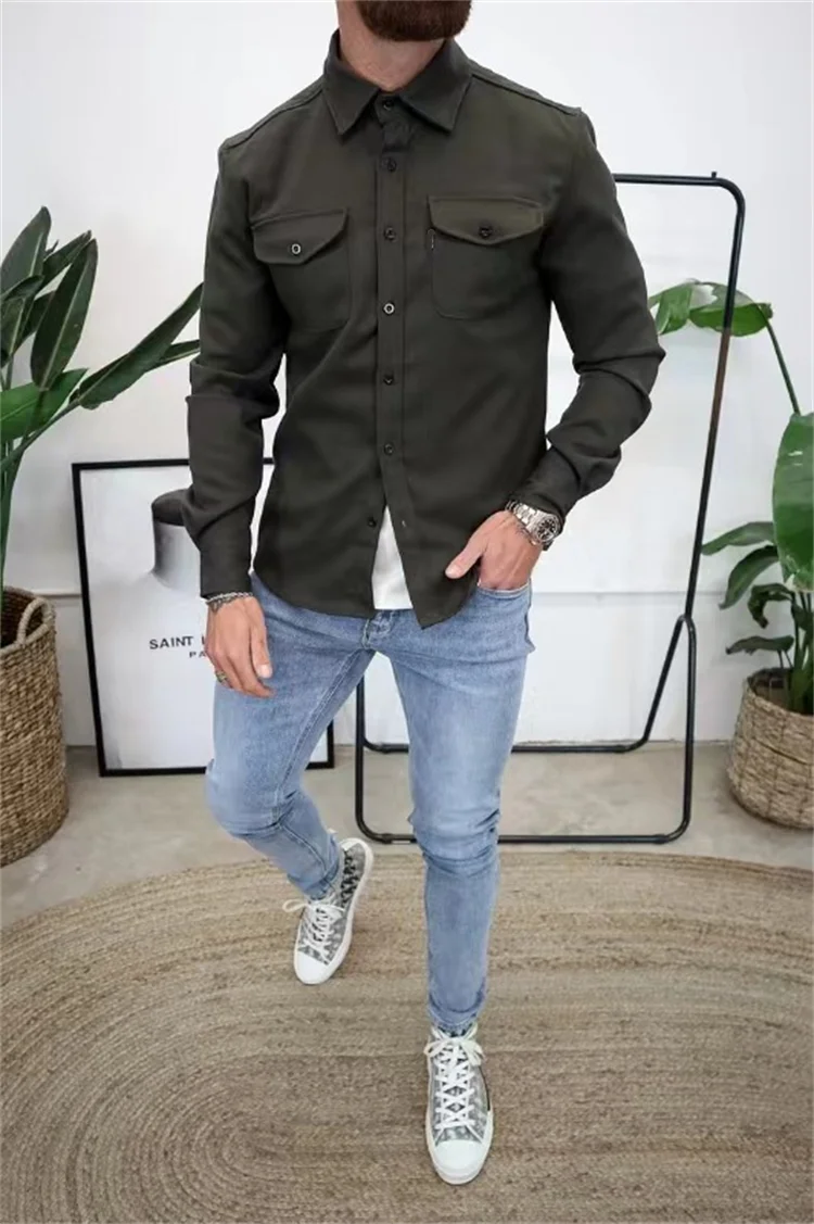 Men's Autumn Winter New Full Sleeve Casual Shirt Outdoor Spring Autumn Design Solid Color Men's Shirt