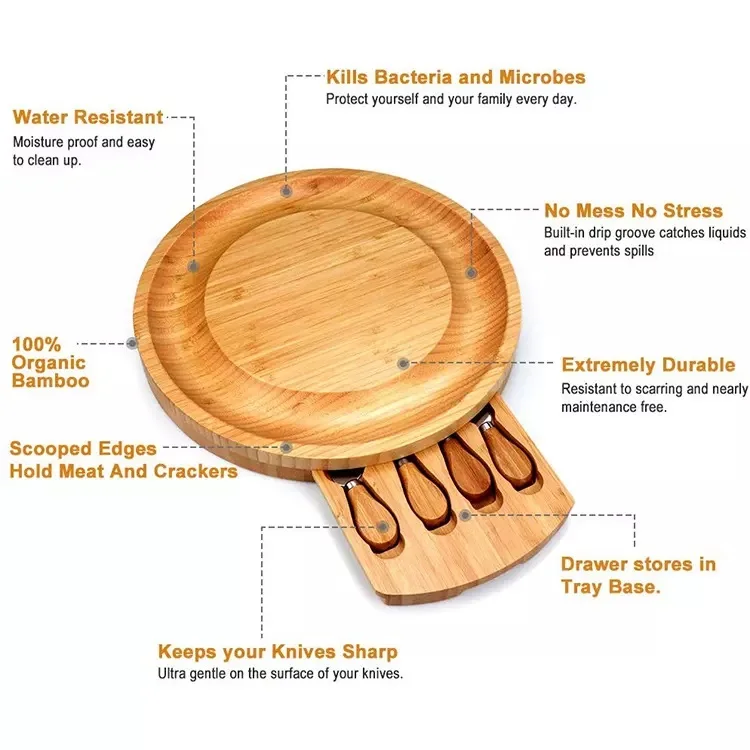 Многофункциональная круглая доска для колбасных изделий ножи сыра Бамбуковая и набор