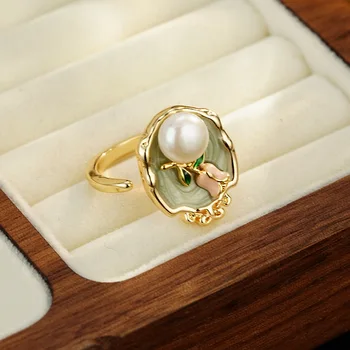 2025 Newest Flower Pattern Inlaid Pearl Ring Fashion Style Gold Silver Plated Adjustable Real Gemstone Rings for Daily Parties