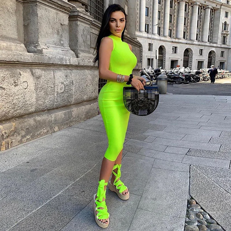 New Stylish Spring Sleeveless Bright Color Womens Turtle Neck Bodycon Bandaged Dress Sexy Vestido for Party Dinner New Stylish Spring Sleeveless Bright Color Womens Turtle Neck Bodycon Bandaged Dress Sexy Vestido for Party Dinner