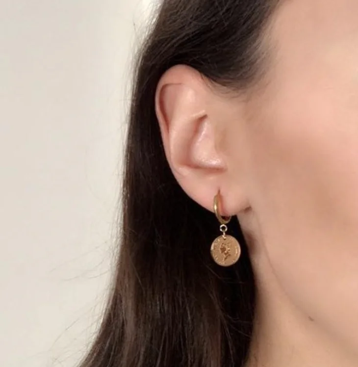 18k Vintage Coin Earrings - Queen Elizabeth Huggies