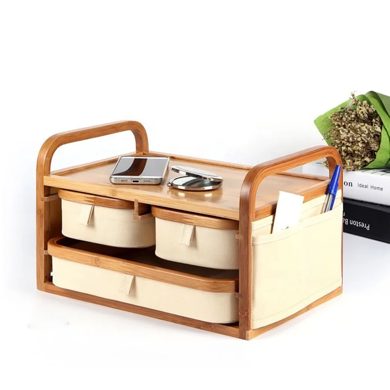 Тканевый Органайзер из ткани Оксфорд с 3 ящиками, деревянный бамбуковый органайзер для макияжа, коробка для хранения косметики для туалетного столика, офиса