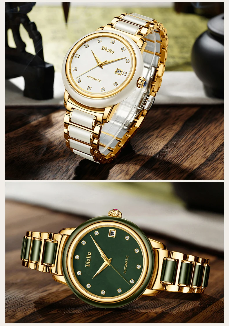 Diella Men's Mechanical Watch Jade Automatic Couple Pair Watch Simple Female Trend Wristwatch Genuine Leather Band 6001G