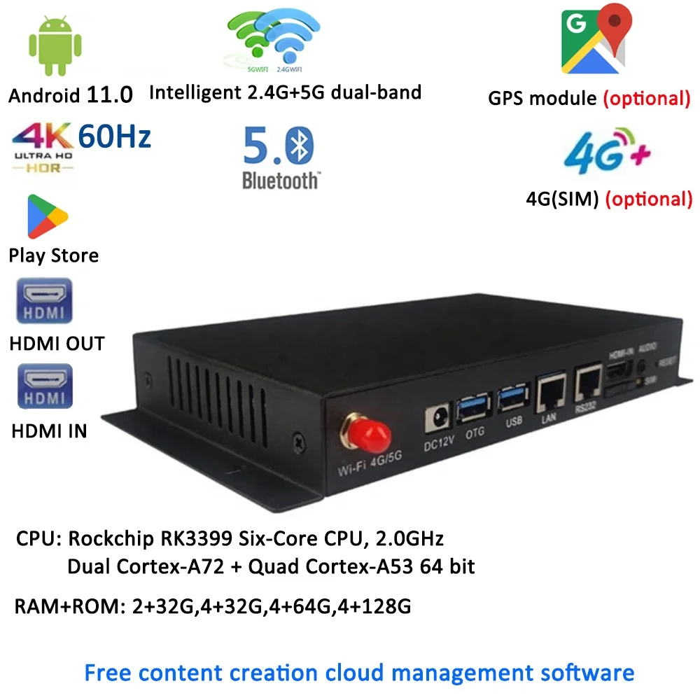 RK3399 RK3566 RK3568 RK3588 Android 4K HD-MI OUT GPS Module Smart TV Box With Wide Area Network CMS Digital Signage Media Player