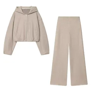 European American Casual Solid Women's Western Style Soft Hooded Knitted Jacket with Zipper and High Waist Pants 2-Piece Set