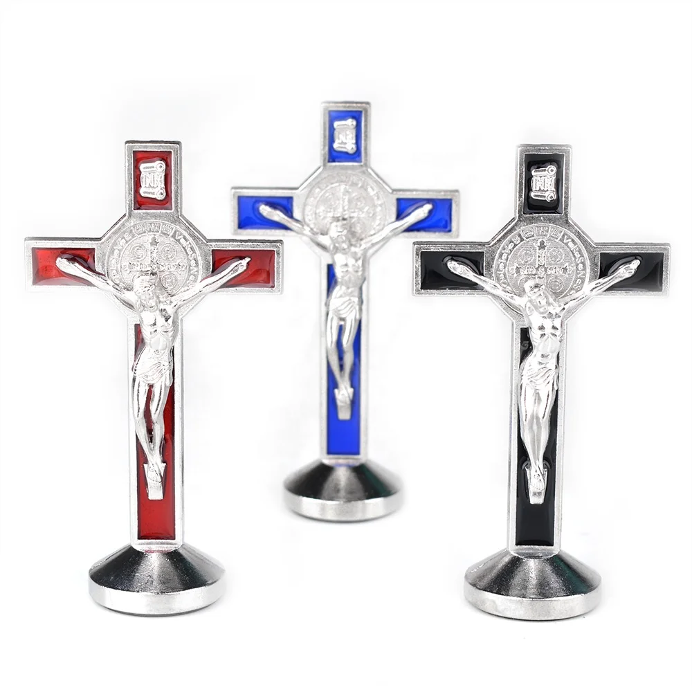 Small Table Jesus 80X42mm Cross Standing Crucifix  Metal Magnet Saint Benedict Car Auto Cross Crucifix  Statue with Base