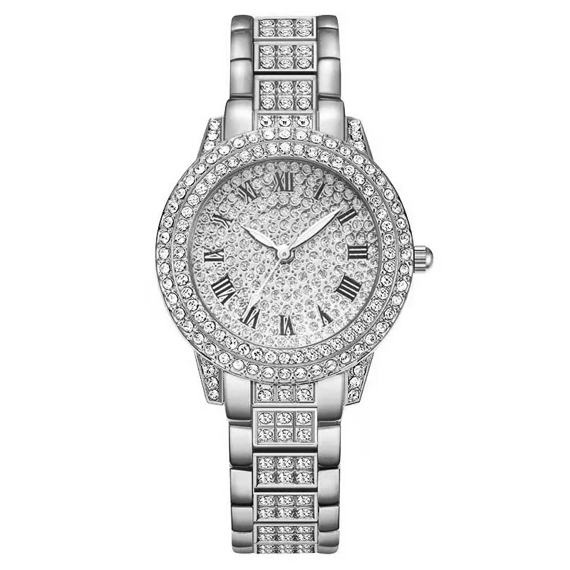 Fashion Female Diamond Wrist Watches Rose Gold Dial Quartz Glass Digital Stainless Steel Watch Alloy Unisex 6mm Round 20cm 60g