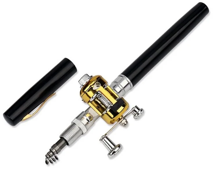 aluminum alloy fishing rod pen and reel with tackle Reel attaches between 2 grooves in pen body Jatzde Mini Portable Telescopic Pen