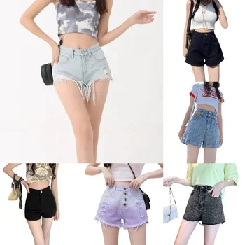 New to street fringe trendsetter High-waisted women's jeans Cut-out hot denim shorts Women's outdoor fashion shorts