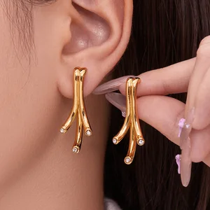 MW Trendy and Simple for Party Occasions Earrings 18K Gold Plated Stainless Steel Zirconia Geometric Shape Pendant Earrings