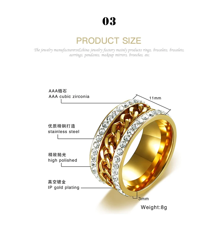 customizable Trendy Fashion Face Width 11MM Stainless Steel Rhinestone Chain Rotatable Ring Golden Ring R-358G