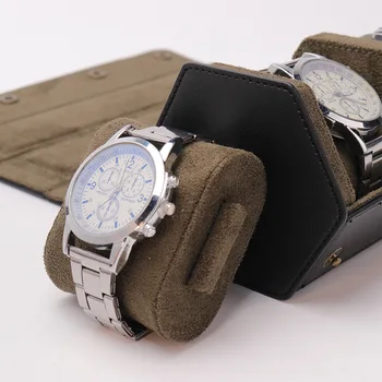 Custom Handmade luxury 3 watches roll case black leather Watch Box Black Retro Leather Hexagon travel watch case