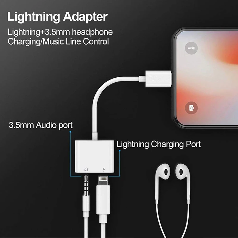 2 In 1 Audio Adapter Charging Earphone Cable For iPhone 11 12 Pro Max xXS Aux Jack Headset Lighting 3.5mm To Headphone Splitter