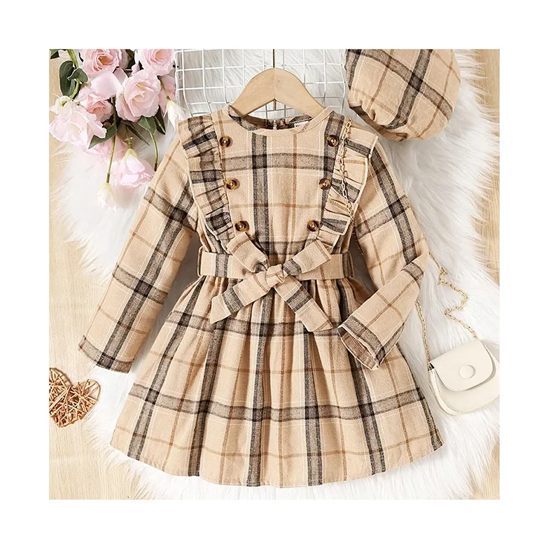 Classic Vintage 2025 Girls Dress Long Sleeve Plaid Cotton for 2-7 Years  Elegant Polyester Long Sleeve Ruffles Woven Baby Clothes