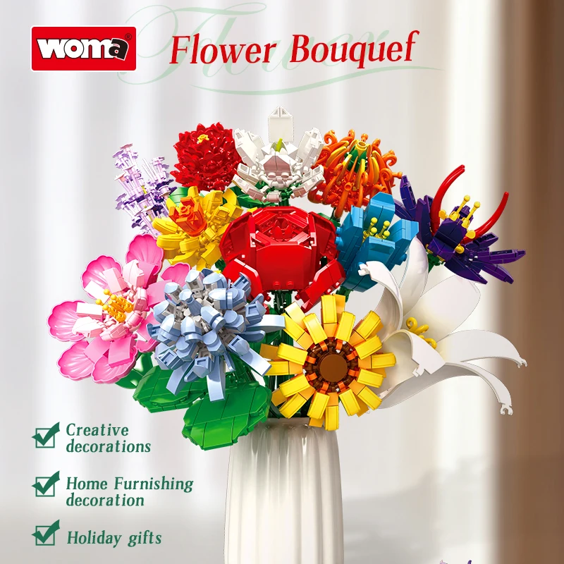 WOMA Factory ODM OEM 12 in 1 Bricks Flower Bouquet Kids Construction Block Flower Bricks Building Sets