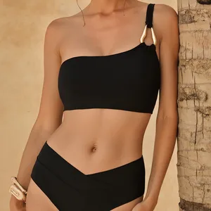 New Summer Women's Sexy and Fashionable Versatile Solid Color Single Shoulder Low Waist Split Bikini Swimsuit