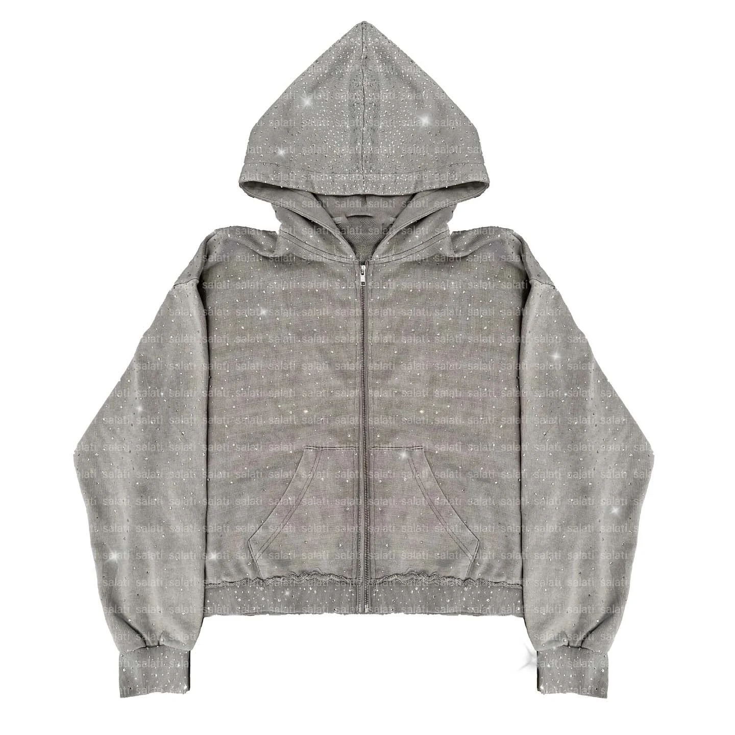 Salati Supplier Bling Glitter Oversized All Over Diamond Printed Boxy Rhinestone Stone Faded Acid Wash Sweatshirt Men's Hoodies gallery 2