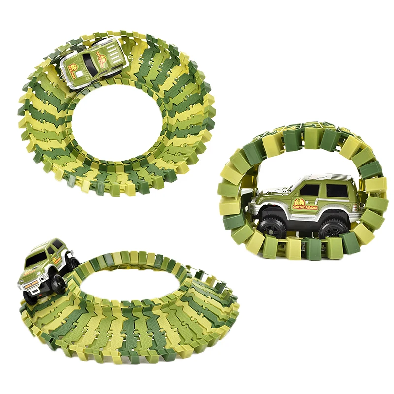 QS Customized Educational Children Toy 120PCS DIY Assembly Plastic Flexible Dinosaur Model  Slot Racing Rail Cars Track Toys