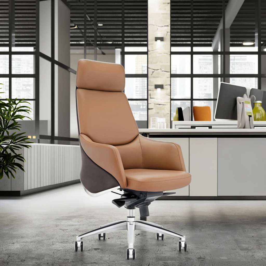 Premium Executive Leather Chair Synchronous Tilt System Frosted Alloy Legs Corporate Status Piece 4