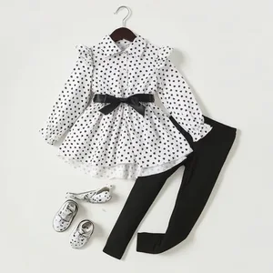 Girls Spring & Fall Polka-Dot Front-Breasted Umbrella-Shaped Hem Long Shirt Top + Tights + Belt Three-Piece Set Clothes for Kids