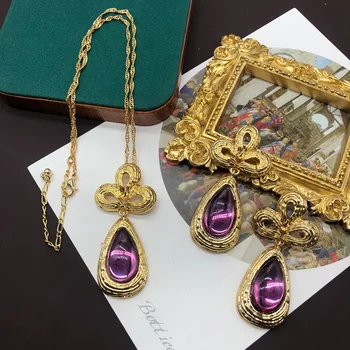 Classical court style purple water drop pendant necklace Retro gold-plated necklace earrings women luxury jewelry sets