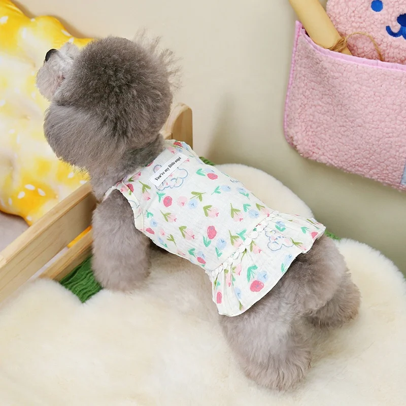 Cherry Flower Pattern Printing Cotton Pet Dog Summer Sling Tutu Skirt Dress for Spring and Fall Seasons