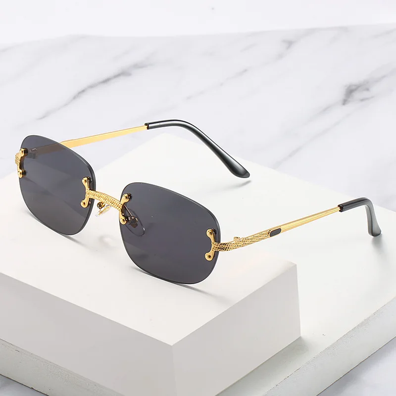 UNOC Luxury Rimless Hexagon Sunglasses 2021 Gold and Blue New Retro Metal Sun Glasses with Small Frame for Men and Women