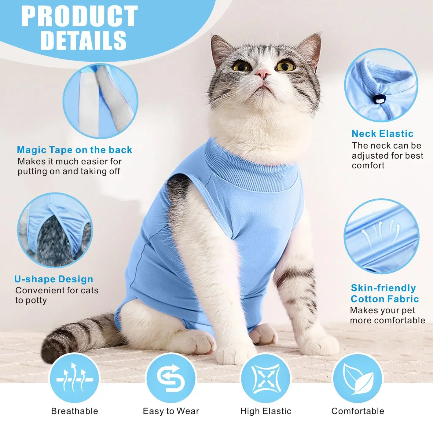 Tuta Post-Operatoria Per Cani - Pigiama Recupero Ferite Blu A Righe | Per Animali 9-15kg - Foto 9