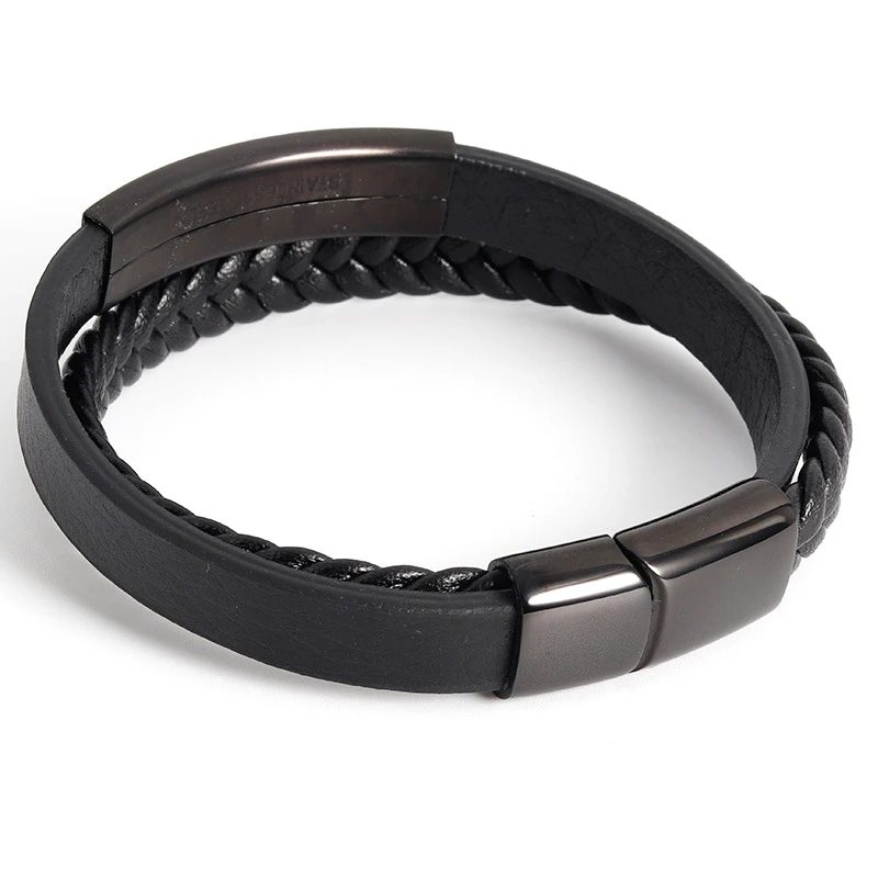 High Quality Two-layers Genuine Leather Bracelet 304L Stainless Steel  Magnetic Clasp Wrap Bracelet Custom for Men