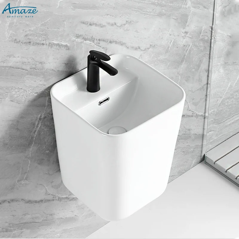 European style square modern design bathroom wall mount ceramic sanitary ware wash basin wall hung basin sink