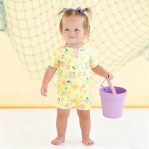 OEKO TEX OEM Custom Short Sleeve Baby Swimwear Girls Summer Swimsuit One Piece Toddlers Zipper Bodysuit Kids Bathing Suit
