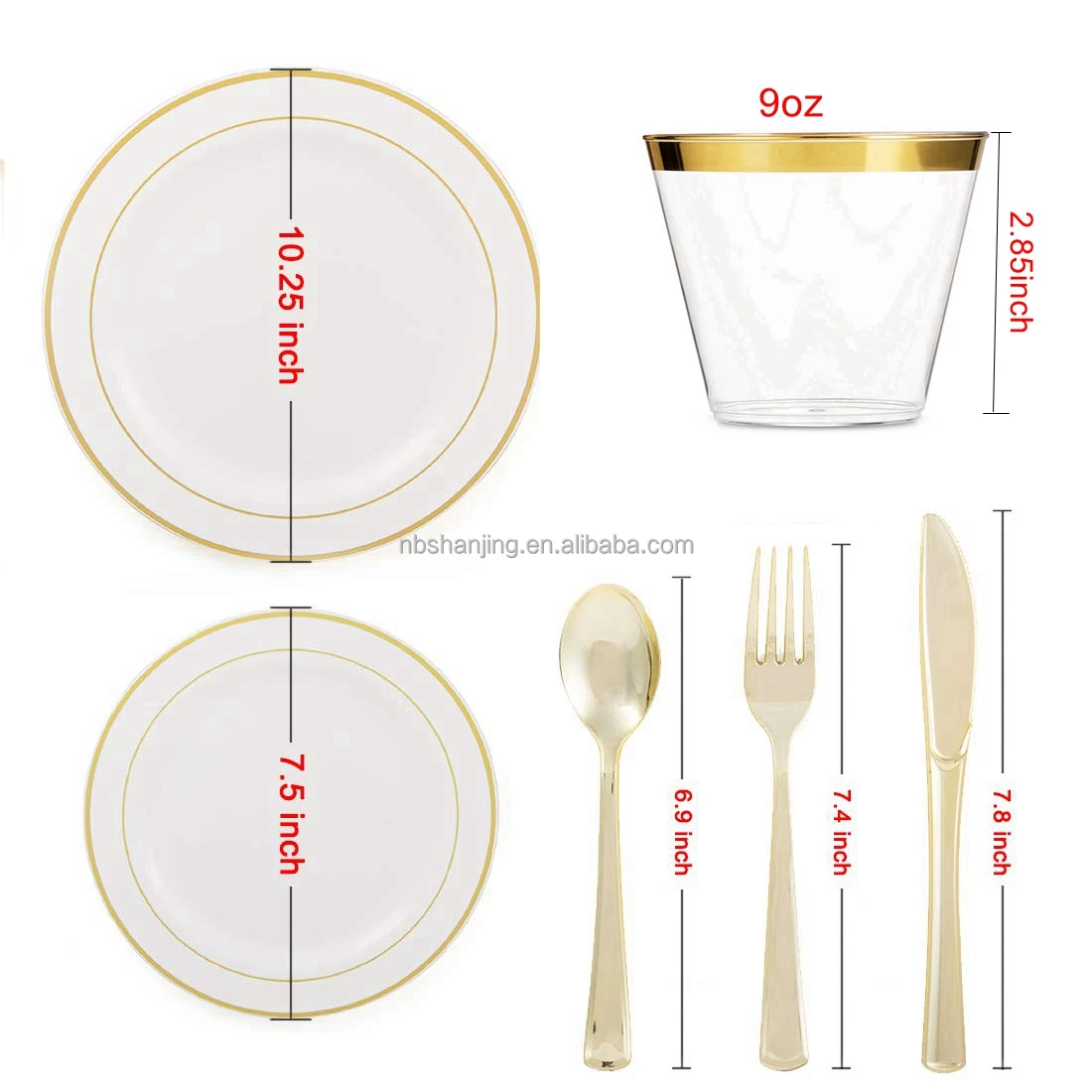600 Pieces Gold Rimmed Disposable Plastic Dinnerware Sets - Fork Spoon ...