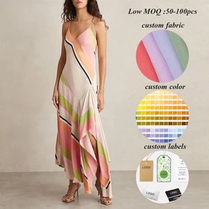 2026 Summer Hot Selling Colorful Striped Long Dresses Custom Asymmetrical Hem Women Spaghetti Straps Sleeveless Maxi Dress