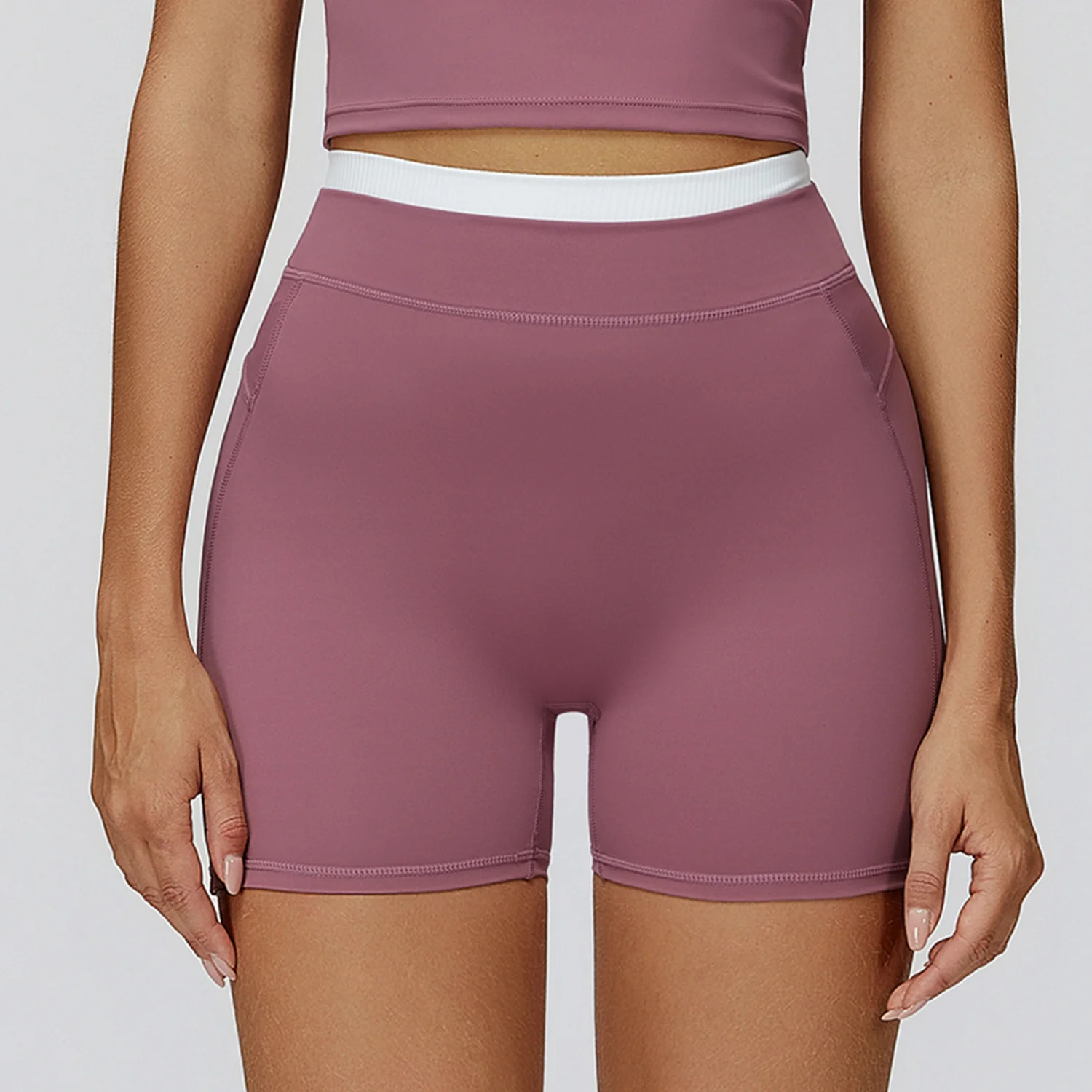 Naked Feel Contrast Color Yoga Shorts Threaded High Waist Skinny Nylon Spandex Sporty Ou detail