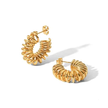 18k Gold Plated Telephone Wire C Shape Hollow Design Stainless Steel Hoop Earrings For Party Gift