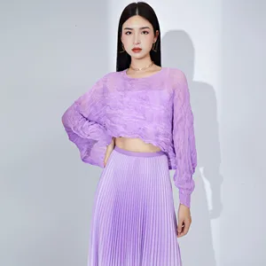 Miyake Pleated Designer Women's Top Summer Thin Long Sleeve Short Poncho Sun Protection Shirt Cover T-shirt