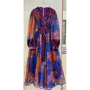 Own Factory Accept Customization Elegant Long Party Dress Women V-Neck Flower Printed Loose Gown for Women Banquet Party
