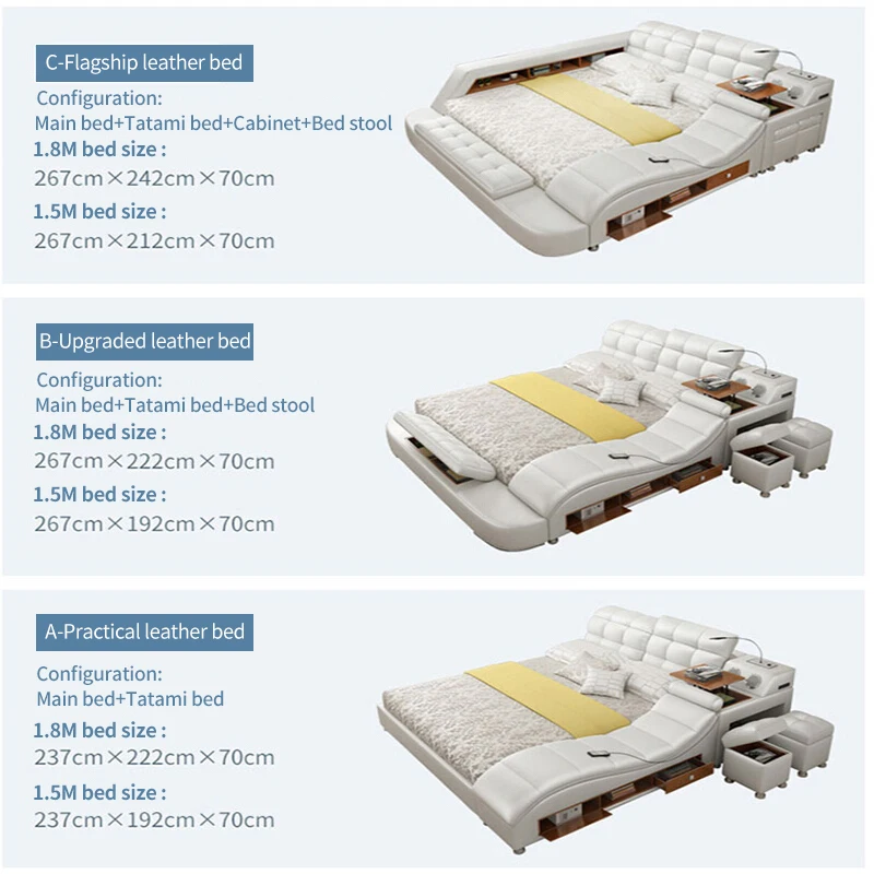Design Leather Beds Multiple Combinations Available Modern Luxury Bedroom Home Furniture Lighted Headboard Bookcase Headboard