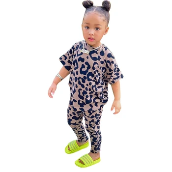 Leopard printed mother and daughter matching outfits short sleeve baby girls top long leggings stretch women clothes